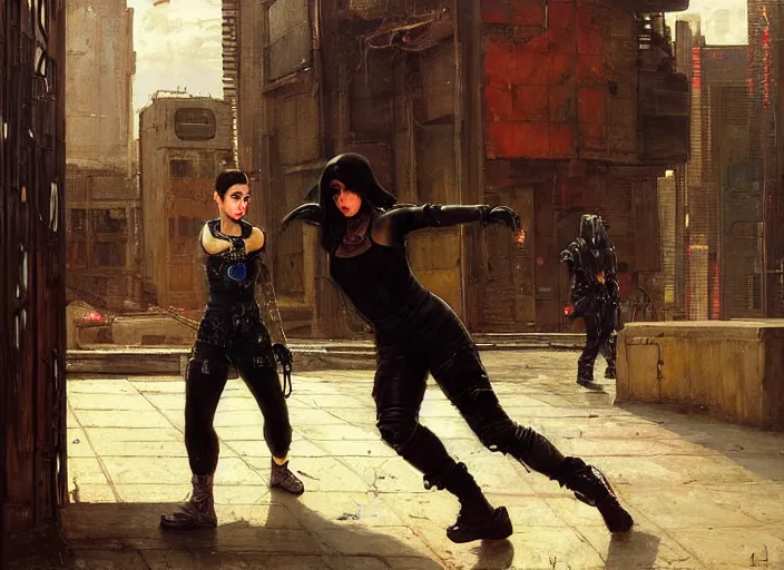 Prompt: Maria evades security guards. Cyberpunk hacker escaping Menacing Cyberpunk corporate security. (dystopian, police state, Cyberpunk 2077, bladerunner 2049). Iranian orientalist portrait by john william waterhouse and Edwin Longsden Long and Theodore Ralli and Nasreddine Dinet, oil on canvas. Cinematic, vivid colors, hyper realism, realistic proportions, dramatic lighting, high detail 4k