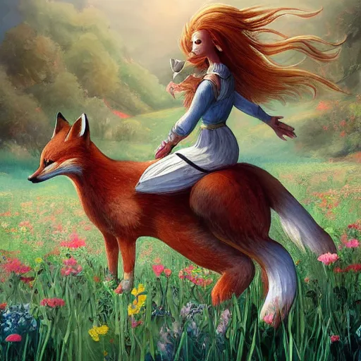 Image similar to girl riding a giant fox in a field of flowers, trending on artstation