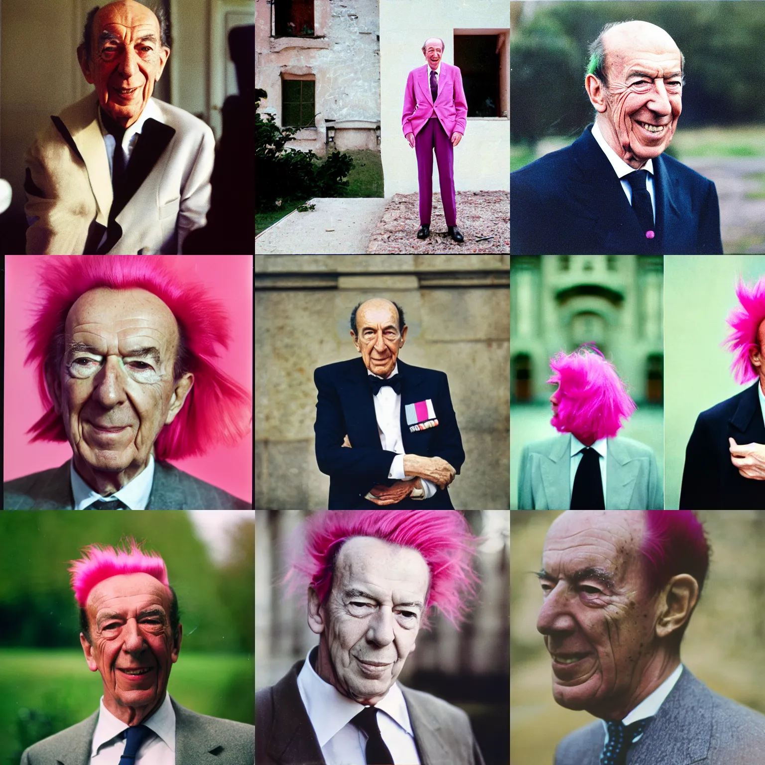 Prompt: photoshooting of Valéry Giscard d'Estaing with pink mohawk hair, color film photography, portrait, 35mm, film photo