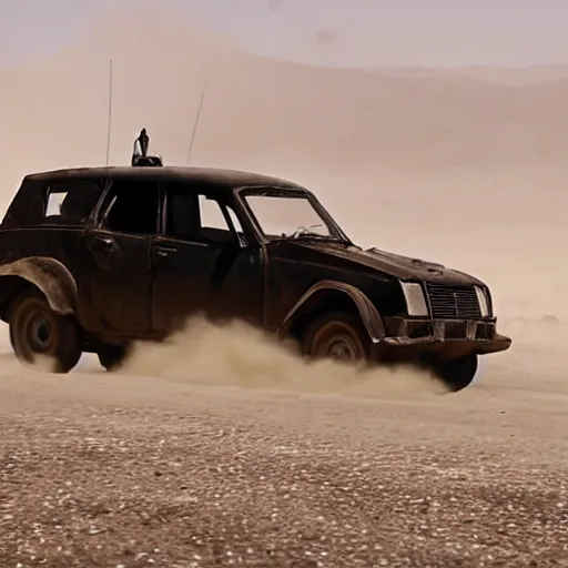 Prompt: A black car Yugo Koral 45 produced by Zastava is speeding through the post-apocalyptic dessert wasteland towards the camera, in the background a huge sand storm is raging, a movie still from Mad Max: Fury Road (2015), three-quarter shot from high angle, Oscar winning cinematography, 4k