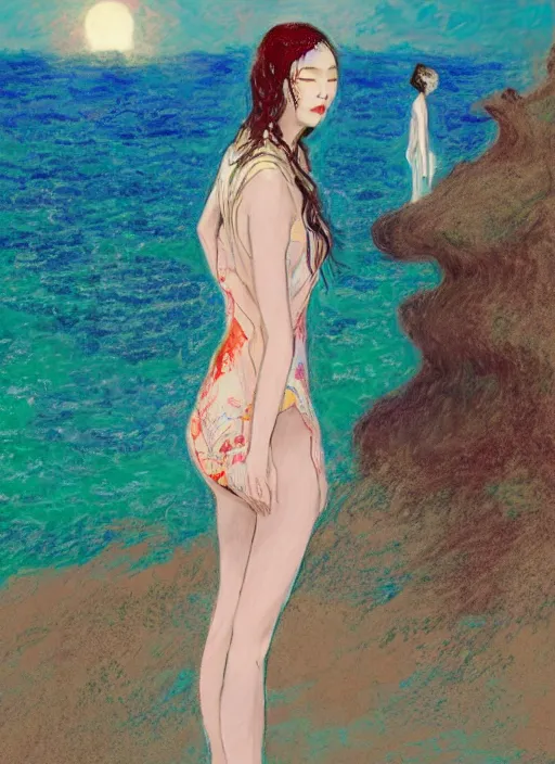 Prompt: lee jin - eun in luxurious dress emerging from turquoise water in egyptian pyramid city during an eclipse by claude monet, conrad roset, m. k. kaluta, martine johanna, rule of thirds, elegant look, beautiful, chic, face anatomy, cute complexion