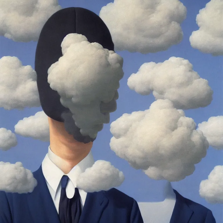 Image similar to portrait of a man whos head is a cloud, his head is hidden with cloud, by rene magritte, detailed painting, hd, hq, high resolution, high detail, 4 k, 8 k