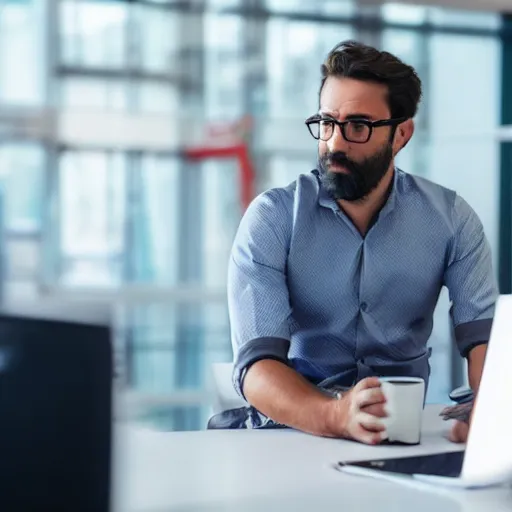 Image similar to annoyed man waiting for a friend in front of a computer pointing on his watch