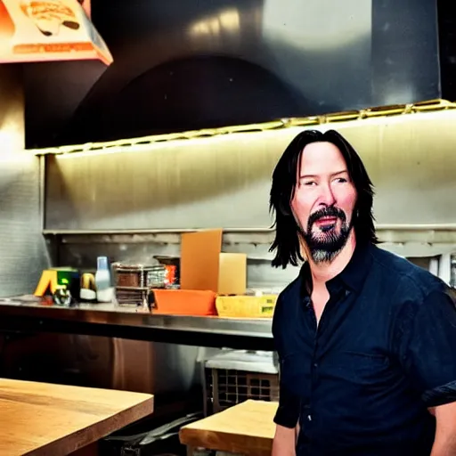 Prompt: keanu reeves enjoying taco bell in a cyberpunk styled kitchen, lit with neon lights