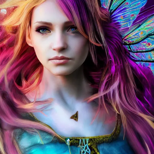 Image similar to a beautiful female human warlock portrait, focus on face, sharply focussed, brightly colored, dress, long blonde hair, fairy, fae, fantasy, medieval, still, photograph, highly detailed, trending on artstation