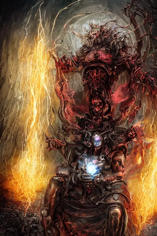 Image similar to Path of Exile, Sirius, clear [bronze] face, luminous red eyes, male image with bronze black armor, sitting on the throne, inside the ruined gothic church, black shadows, red lasers, dark red bloody fog, black tornadoes fly around, [[blood]], Anachronism, painting, dark fantasy, steampunk, 4k, perfect quality,