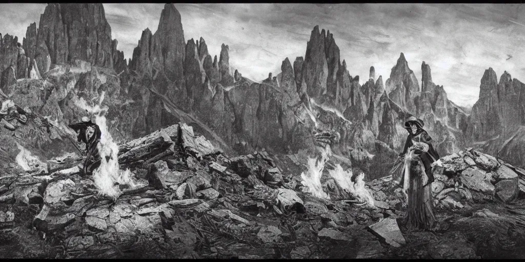 Image similar to 1920s photography of witch burning, dolomites in the background, occult signs, witch burning, pyre, solstice fire, alp, dolomites, alpine, detailed intricate insanely detailed octane render, 8k artistic 1920s photography, photorealistic, black and white, chiaroscuro, hd, by David Cronenberg, Raphael, Caravaggio