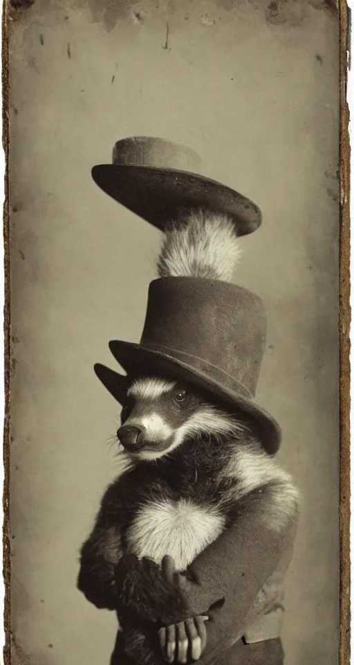 Prompt: daguerreotype portrait of a honey badger in suit and hat, vintage style, wet collodion, stempunk, sepia, monochrome black and white, artistic photo from late xix century, high resolution