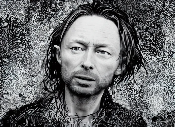 Prompt: beautiful photograph of print of thom yorke picture on a table, hyper realistic, variations of thom yorke, forest, high quality photograph, mixed styles, intricate details, diverse colors, deep emotional impact