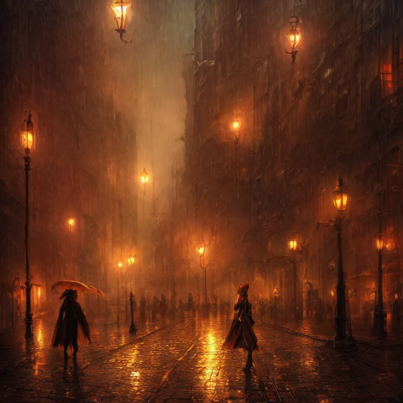 Prompt: Rain at night in a steampunk city, fantasy, medieval, vivid colrs, elegant, concept art, sharp focus, digital art, Hyper-realistic, 4K, Unreal Engine, Highly Detailed, HD, Dramatic Lighting by Brom, trending on Artstation