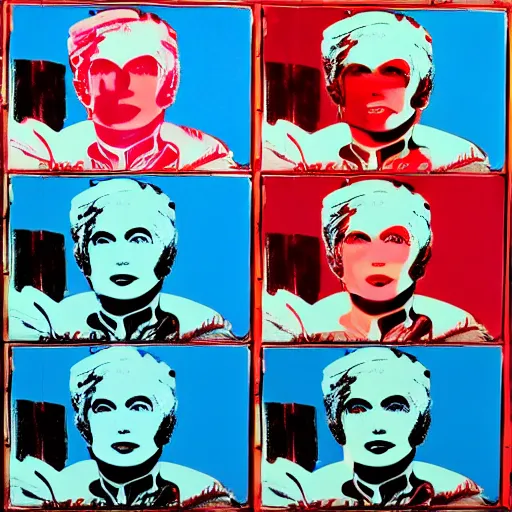 Image similar to old - style cyborg, 6 panels by andy warhol, with highly contrasted colors and an illuminating background