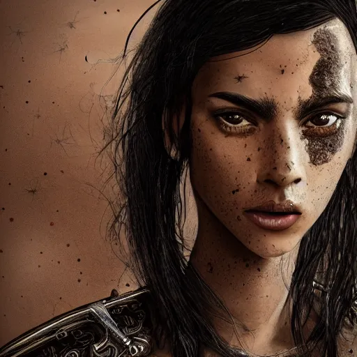 Image similar to pretty black haired woman, with freckles on face, suntanned skin, dark brown middle eastern eyes narrowed, scar on left side of neck, wearing black armor, digital art, hyperdetailed, hyperrealistic, 4 k, 8 k