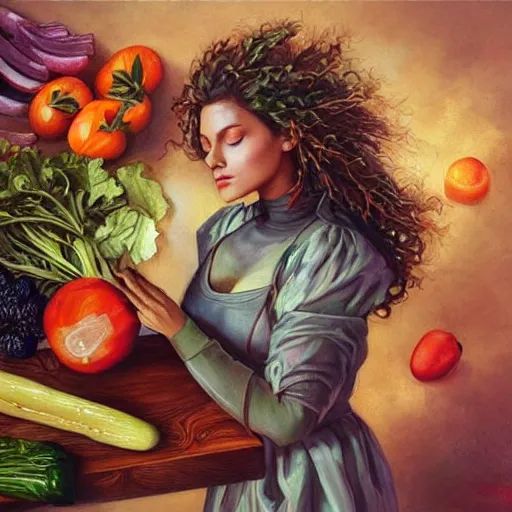 Image similar to a beautiful painting of a gorgeous young mother chopping vegetables on a weathered cutting board, representative of the art style of artgerm and wlop and peter mohrbacher