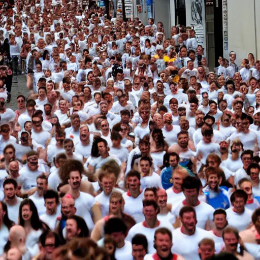 Image similar to the running of the gigantic screaming bob ross in pamplona spain