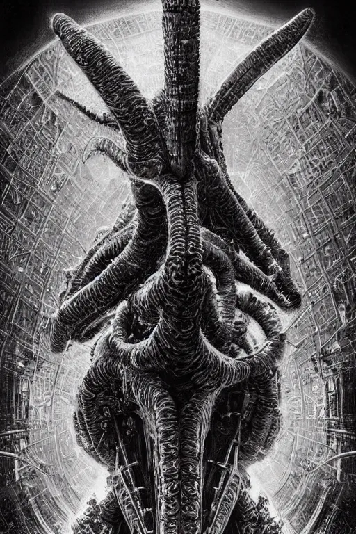 Image similar to H R Giger llama head landscape emanating centered bio mechanical cyborg llama head emerging, Giger background, evangelion beast mode, dramatic dynamic lighting, intricate, very very elegant, hyper detailed fractal interconnected tubes background by giger, digital painting, artstation, megastructure, very hyperrealistic, very very very HR GIGER, very beautiful, concept art, smooth, sharp focus, illustration daily deviation