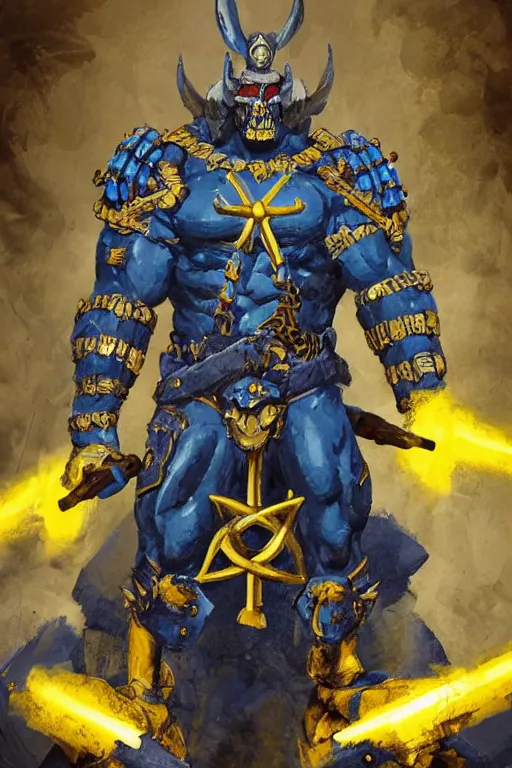 Image similar to a distant shot of a Ukrainian super soldier with blue and yellow flag behind him and a trident symbol on the chest standing alone on a huge pile of skulls posing as a winner, masculine muscular figure, D&D, fantasy, intricate, elegant, highly detailed, extremely detailed, digital painting, artstation, concept art, matte, smooth, sharp focus, illustration, art by Artgerm and Greg Rutkowski and Alphonse Mucha