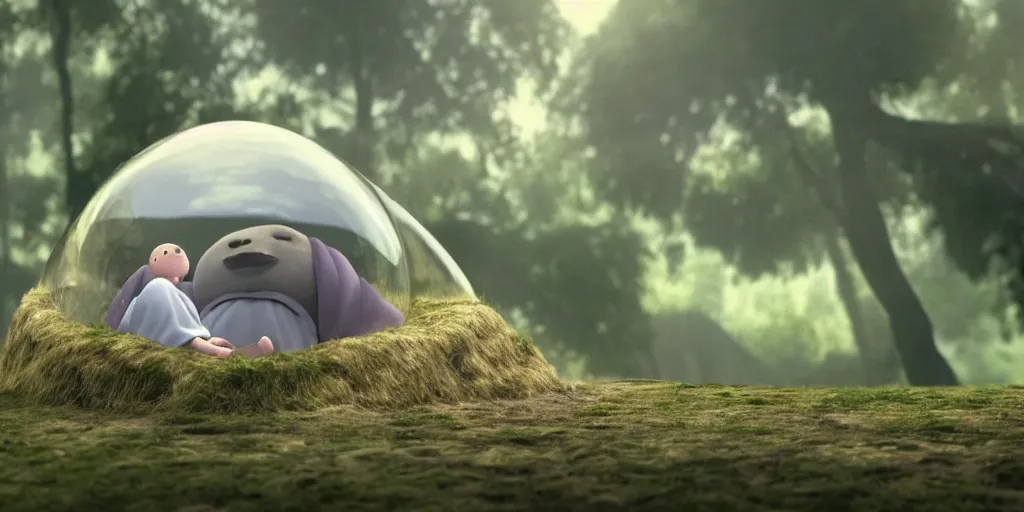 Prompt: realistic closeup from howls moving castle ( 2 0 0 4 ) of a grey monk meditating inside cubic bubble in a woodland pyramid valley, a dog is sitting at the feet. bubble. cartoon depth of field.