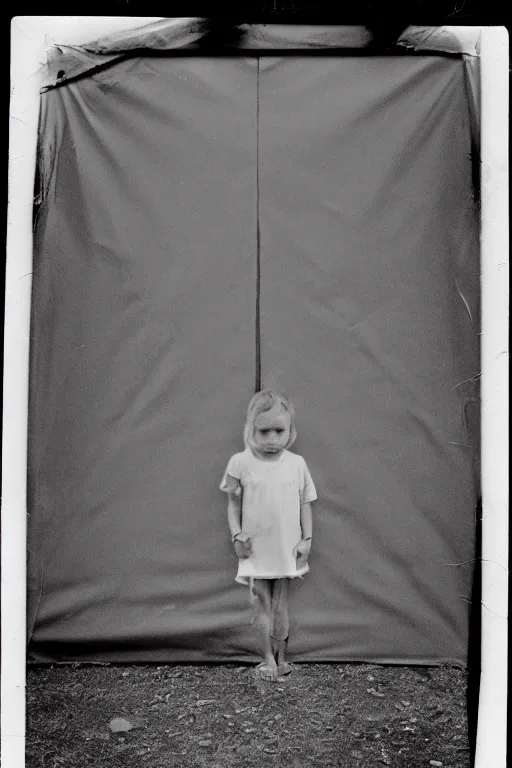 Image similar to photo polaroid of a sad and lonely child stands in the middle many big tents of field hospitals, pandemic, covid,loneliness, black and white ,photorealistic, 35mm film,