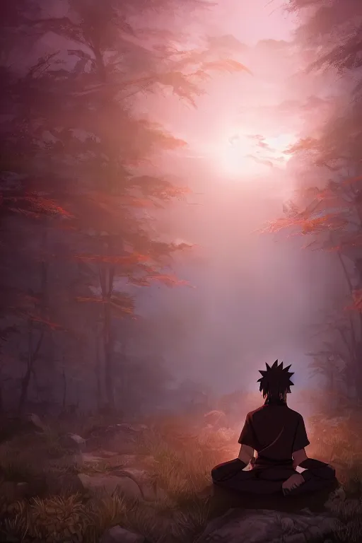 Image similar to photorealistic dark fantasy concept art of Naruto meditating in a forest, dynamic lighting, stunning visuals, realism, cinematic, hyper detailed, ultra detailed, beautiful visuals and sunset