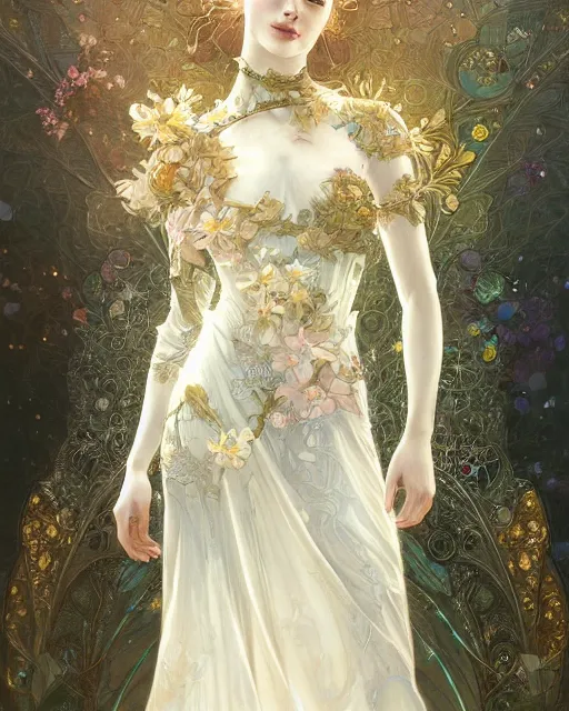 Prompt: Floralpunk elysian Maiden of radiant light wearing ivory lace dress made of stardust by Ruan Jia and artgerm, award winning art, Artstation, art nouveau aesthetic, Alphonse Mucha background, intricate details, semi-realistic, full view