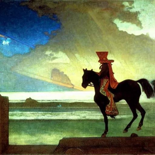 Image similar to Magician riding a horse leaving the castle through the bridge, thunderstorm, beach ocean on the background major arcana sky, by paul delaroche, alphonse mucha and arnold böcklin arnold böcklin hyperrealistic 8k, very detailed