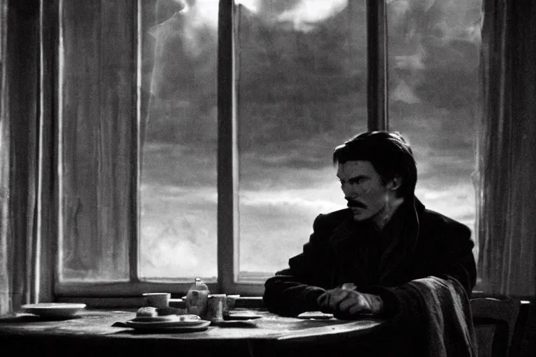 Image similar to soviet movie still doctor strange sitting at a table next to the window with food, dark warm light, a character portrait by margarita terekhova, movie stalker solaris film still by andrei tarkovsky, 8 k, 1 9 8 4, close - up bokeh, gelios lens, color, noir