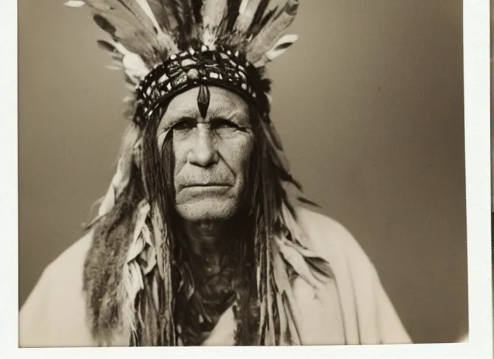 Prompt: polaroid photograph of a mesolithic shaman wearing a headdress