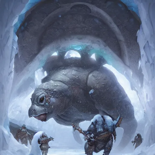 Image similar to bulky anthropomorphic turtle brute by greg rutkowski, winter, ice cave