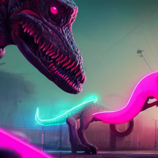 Prompt: neon - pink and neon - green dinosaur with three black eyes, triclops dinosaur, hyperrealistic, concept art, octane render, unreal engine 5, trending on artstation, greg rutkowski, high quality, highly detailed, dramatic lighting, cinematic, high coherence, anatomically correct, path traced, badass, epic image - 9