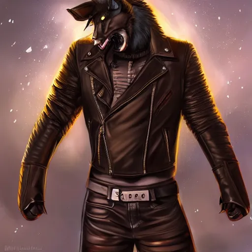 Image similar to A wolf with a small head wearing a leather jacket and leather jeans and leather gloves, trending on FurAffinity, energetic, dynamic, digital art, highly detailed, FurAffinity, high quality, digital fantasy art, FurAffinity, favorite, character art