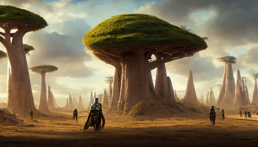 Image similar to star wars vehicle driving through madagascar with baobabs trees, tribe members chasing for an attach, action scene, an epic fantasy, artgerm and greg rutkowski and alphonse mucha, an epic fantasy, volumetric light, detailed, establishing shot, an epic fantasy, cinematic, photorealistic, ultrarealistic, trending on art station, octane render, midsommar