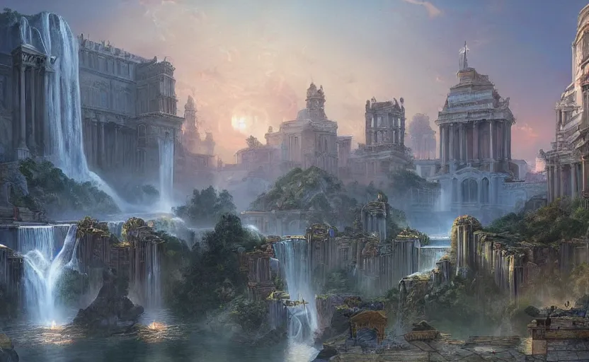 Image similar to epic landscape of a fantasy city with marble buildings and waterfalls at dusk, ambient lights, artwork by brom and rutowski