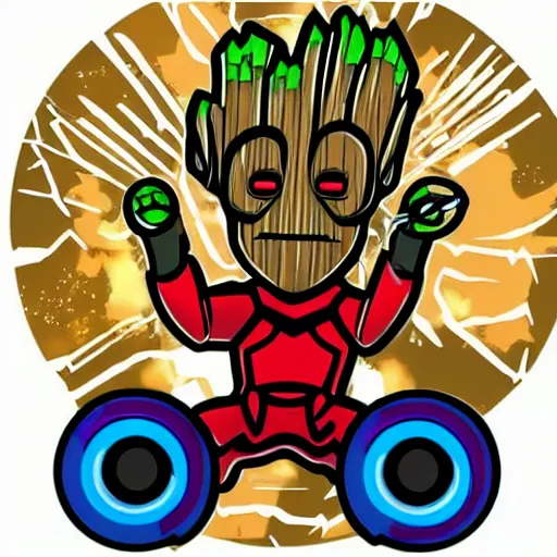 Image similar to svg sticker of a Pop-Wonder Groot-Marvel-Avenger at a rave, spinning records, giant headphones rocking out, wearing headphones, huge speakers, dancing, rave, DJ, spinning records, digital art, amazing composition, rule-of-thirds, award-winning, trending on artstation, featured on deviantart