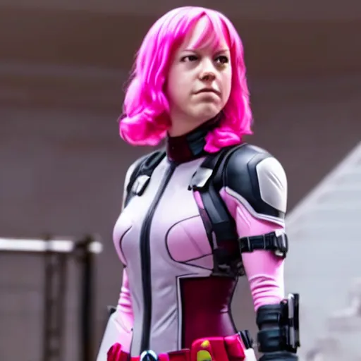 Image similar to A still of Gwenpool in Deadpool 3 (2023), no mask, blonde hair with pink highlights