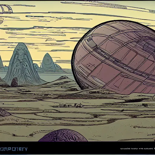 Prompt: western sci - fi planet in the style of moebius