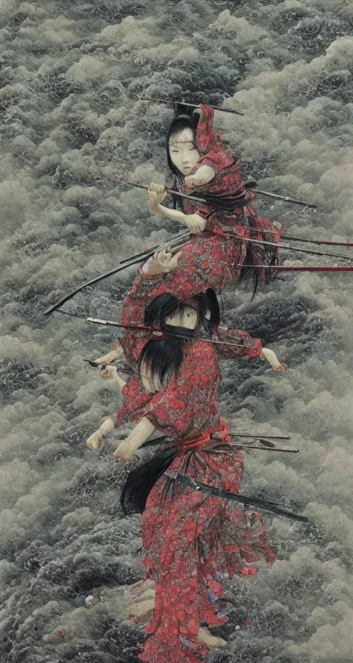 Image similar to Japanese schoolgirl runs away from Samurai with a katana on the subway, high detailed Beksinski painting, part by Adrian Ghenie and Gerhard Richter. art by Takato Yamamoto. masterpiece