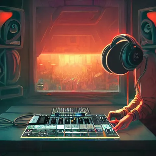 Prompt: hand drawn cute hardcore music dj, playing music for online streaming, detailed face, concept art, low angle, high detail, warm lighting, volumetric, godrays, vivid, beautiful, trending on artstation, by jordan grimmer, huge scene, art greg rutkowski