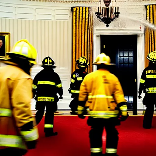 Image similar to one heroic firefighters with black and yellow uniforms in action inside white house, interior background, fire flames, sharp details, sharp focus