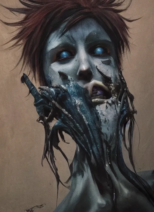 Image similar to dark portrait painting of tracer from overwatch, in style of zdzisław beksinski, scary, horror, 4 k, feminine facial features, overwatch tracer character, horror, body horror, disturbing, detailed face, dressed in dark garment, black tendrils, tall,