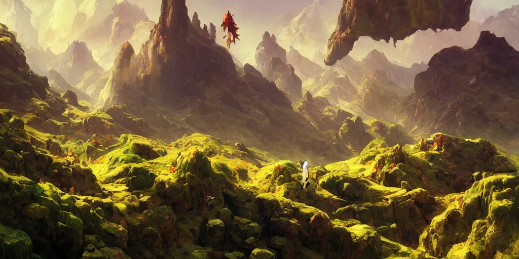 Image similar to sky is land green landscape villages castles buildings inverted upsidedown mountain range from the sky fantasy surreal good composition artstation illustration sharp focus sunlit vista painted by ruan jia raymond swanland lawrence alma tadema zdzislaw beksinski norman rockwell tom lovell alex malveda greg staples