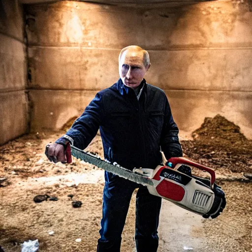 Image similar to putin with a chainsaw. in a concrete bunker with a pile of corpses. focus on putins face with blood splatters. canon eos r 3, f / 1. 4, iso 1 6 0 0, 1 / 8 0 s, 8 k, raw, grainy