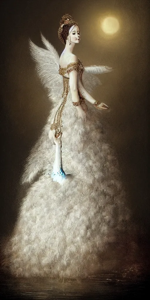 Image similar to a lady with a decorated dress made of white pearls and white plumes of swan highly detailed digital _ painting, cinematic, dramatic lighting