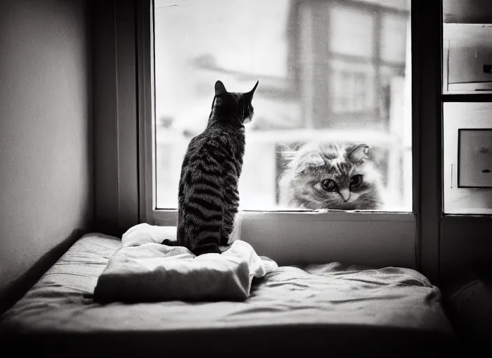 Image similar to photography of a Cat . watching outside the window. on a bed. in a 70's room full of vinyls and posters, photorealistic, award winning photo, 100mm, sharp, high res