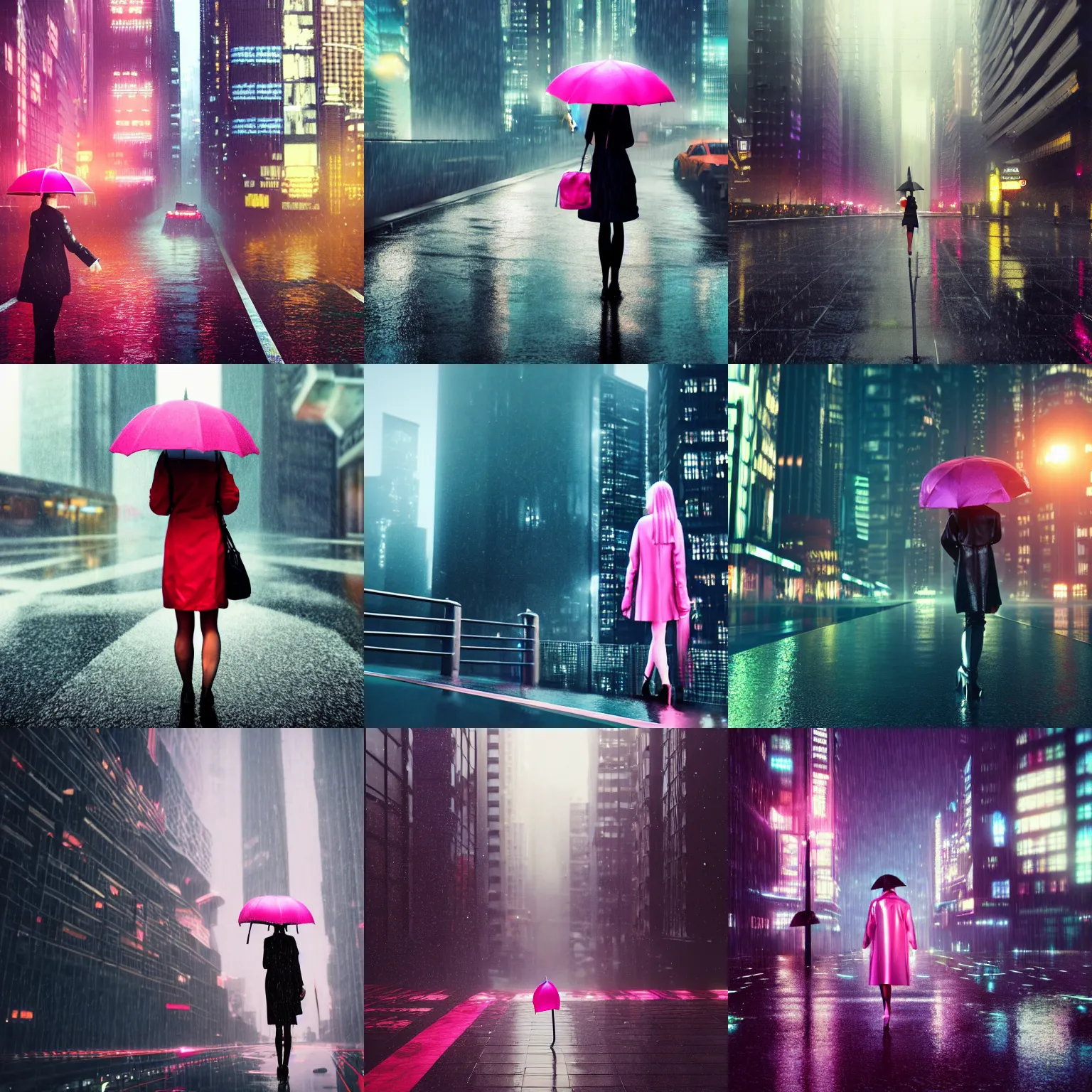 Prompt: city of the future, many skyscrapers, blade runner style, hyper-realistic, octane render, realistic, real, street, rain, beautiful girl with umbrella wearing with raincoat with pink hair, cinematic, 8k, very intricate, 80's, night