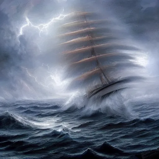 Image similar to a ship sailing through a storm, artstation hall of fame gallery, editors choice, #1 digital painting of all time, most beautiful image ever created, emotionally evocative, greatest art ever made, lifetime achievement magnum opus masterpiece, the most amazing breathtaking image with the deepest message ever painted, a thing of beauty beyond imagination or words