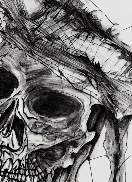 Prompt: close up of a shattered skeleton, head and shoulders, ink on paper