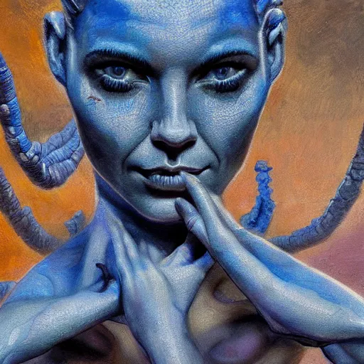 Image similar to detailed face of a woman with blue eyes in a biomorphic courtyard with dna sculptures at a science expo, atmospheric, ambient, pj crook, syd mead, livia prima, artgerm, greg rutkowski, nick alm, casey baugh