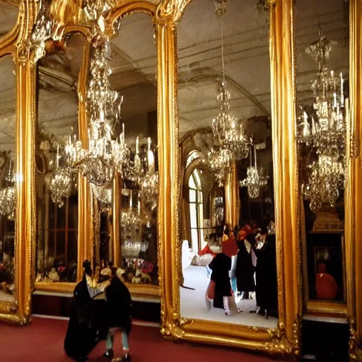 Prompt: a victorian style party in the hall of mirrors