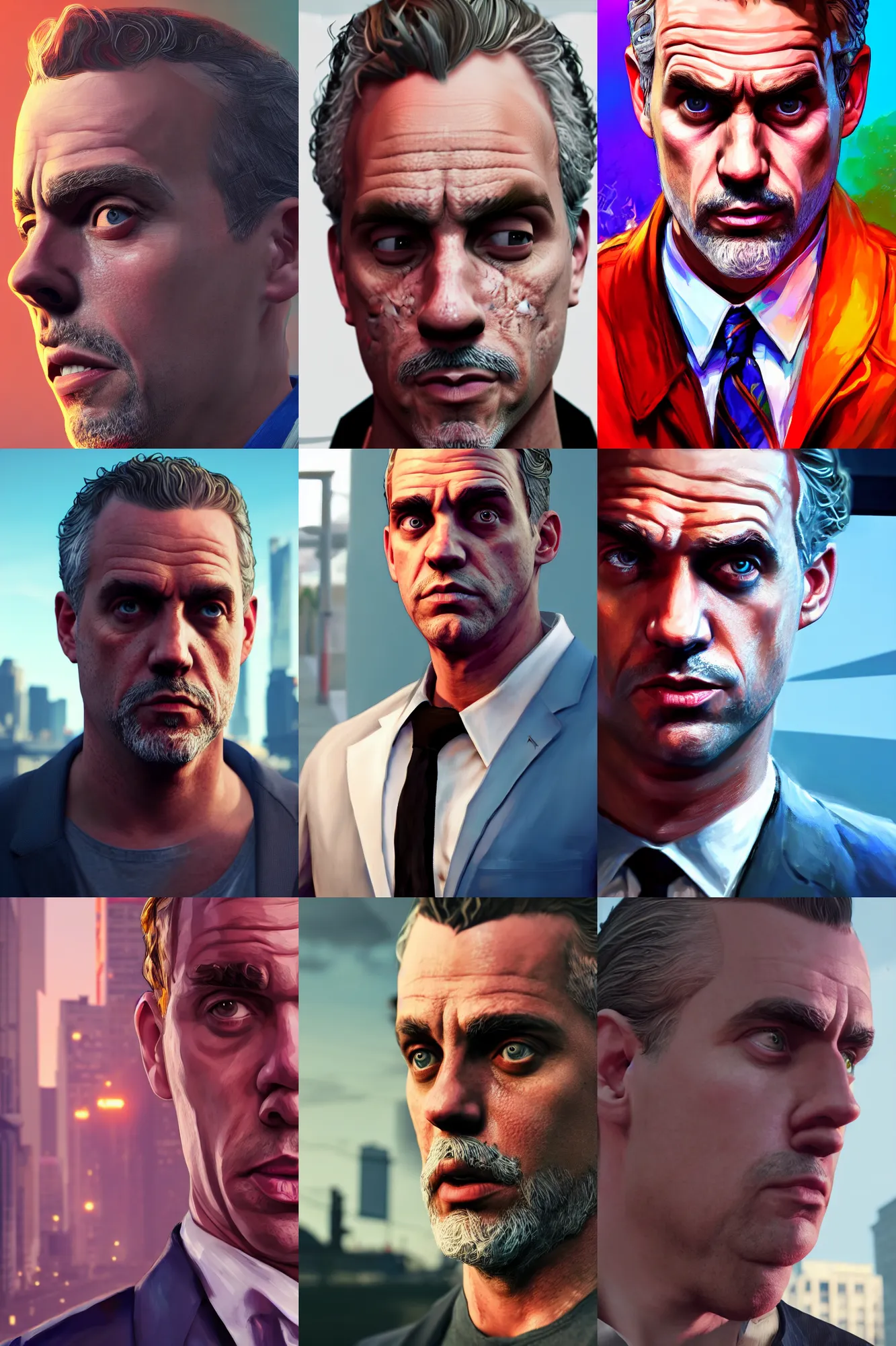 Prompt: a screenshot of Jordan Peterson from GTA V, portrait, fantasy, beautiful face, vivid colors, elegant, concept art, sharp focus, digital art, Hyper-realistic, 4K, Unreal Engine, Highly Detailed, HD, Dramatic Lighting, trending on Artstation