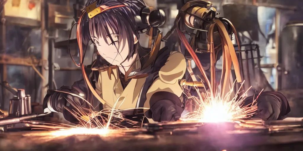 Prompt: Anime key visual of a steampunk girl welding metal in her workshop, official media
